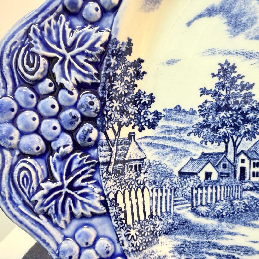 35cm 大皿 3枚 葡萄レリーフ 藍色 風景画 昭和レトロ 14吋
