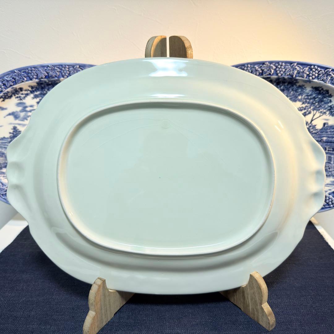 35cm 大皿 3枚 葡萄レリーフ 藍色 風景画 昭和レトロ 14吋