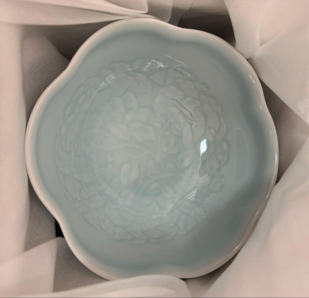 青白磁　輪花菓子鉢　快山造　新品未使用