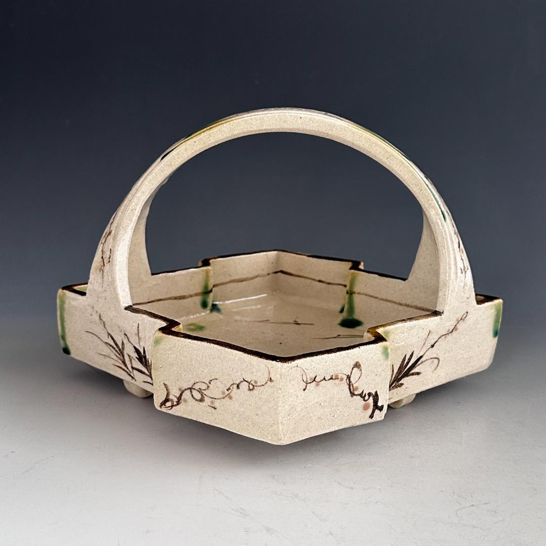 茶道具　弥七田織部　手付鉢　菓子器　菓子鉢　林英仁　共箱　陶芸　茶会　懐石道具