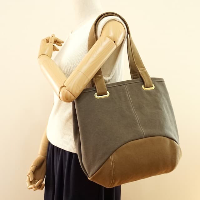 カーキ × ブラウンベージュ帆布トートバッグ　ハンドメイド