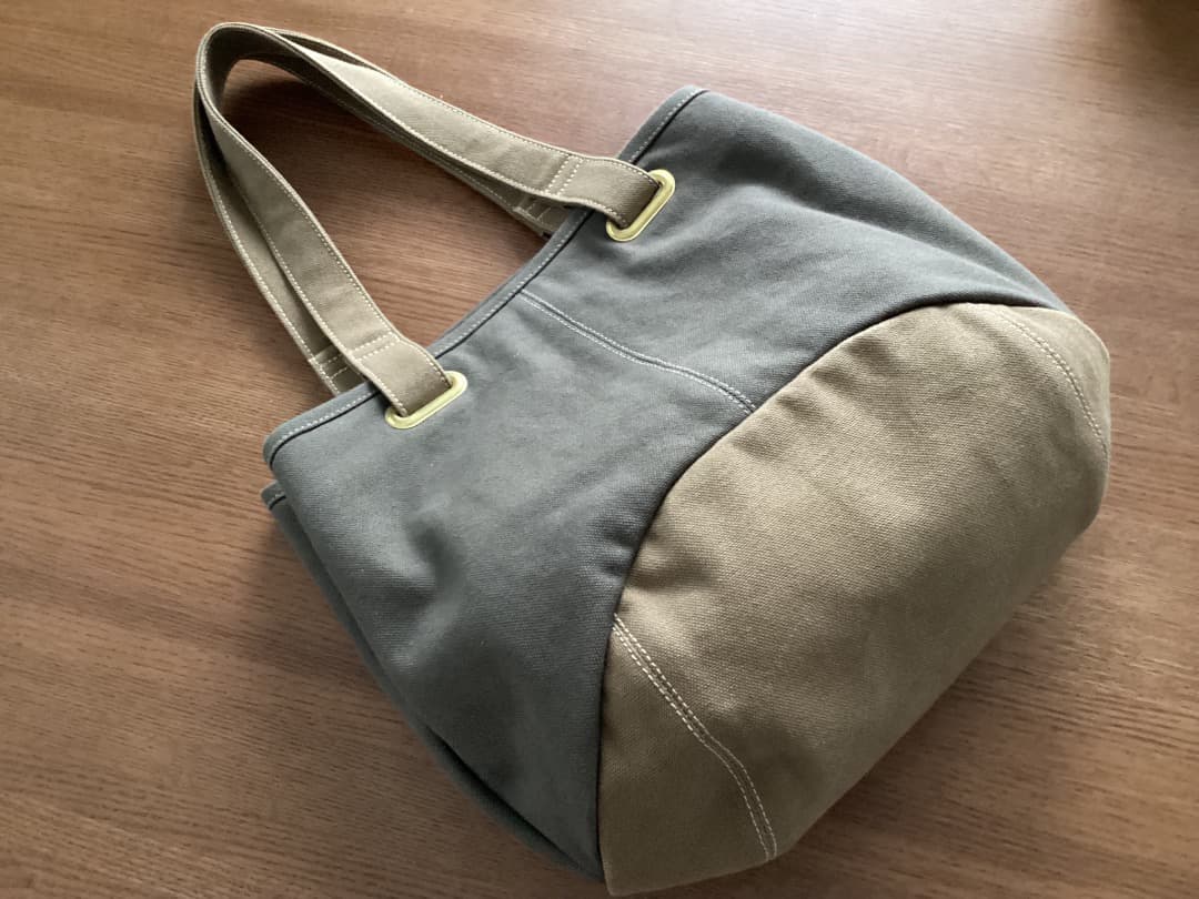 カーキ × ブラウンベージュ帆布トートバッグ　ハンドメイド