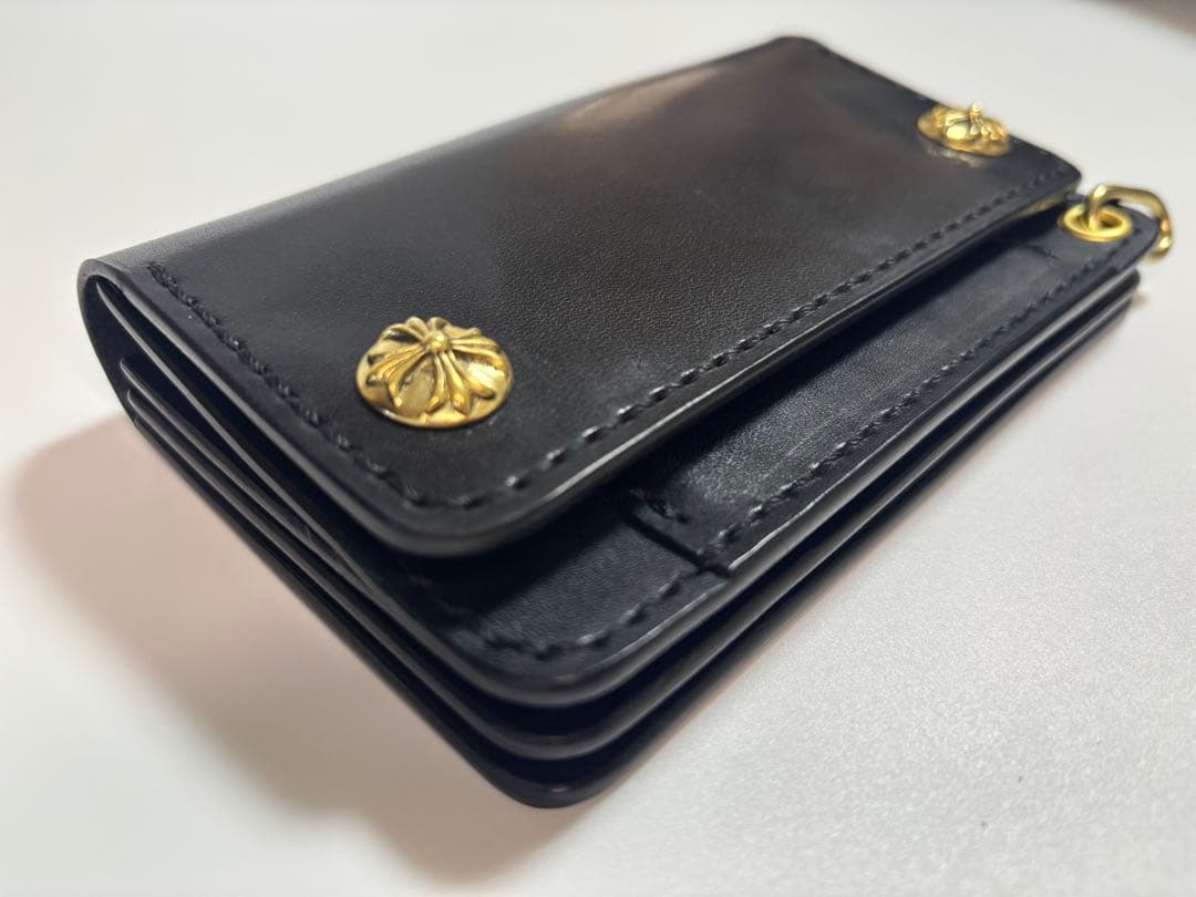 黒　栃木サドルレザー　トラッカーウォレット　三層　真鍮 クロスボールコンチョ
