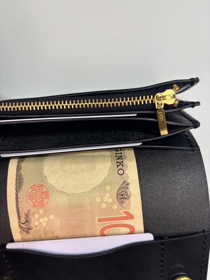 黒　栃木サドルレザー　トラッカーウォレット　三層　真鍮 クロスボールコンチョ