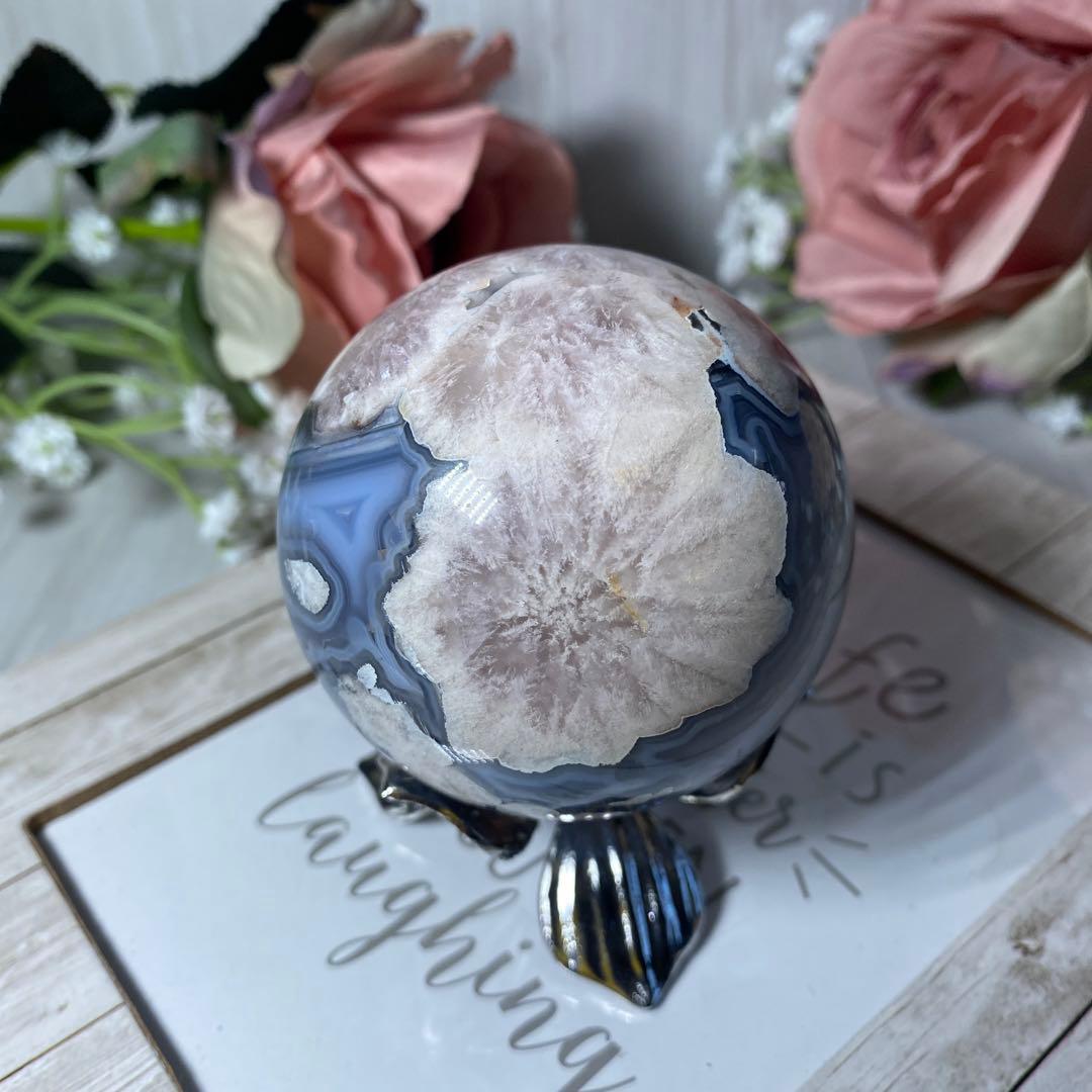 ハイクオリティ ブラックフラワーアゲート スフィア 大輪の桜 夜桜瑪瑙