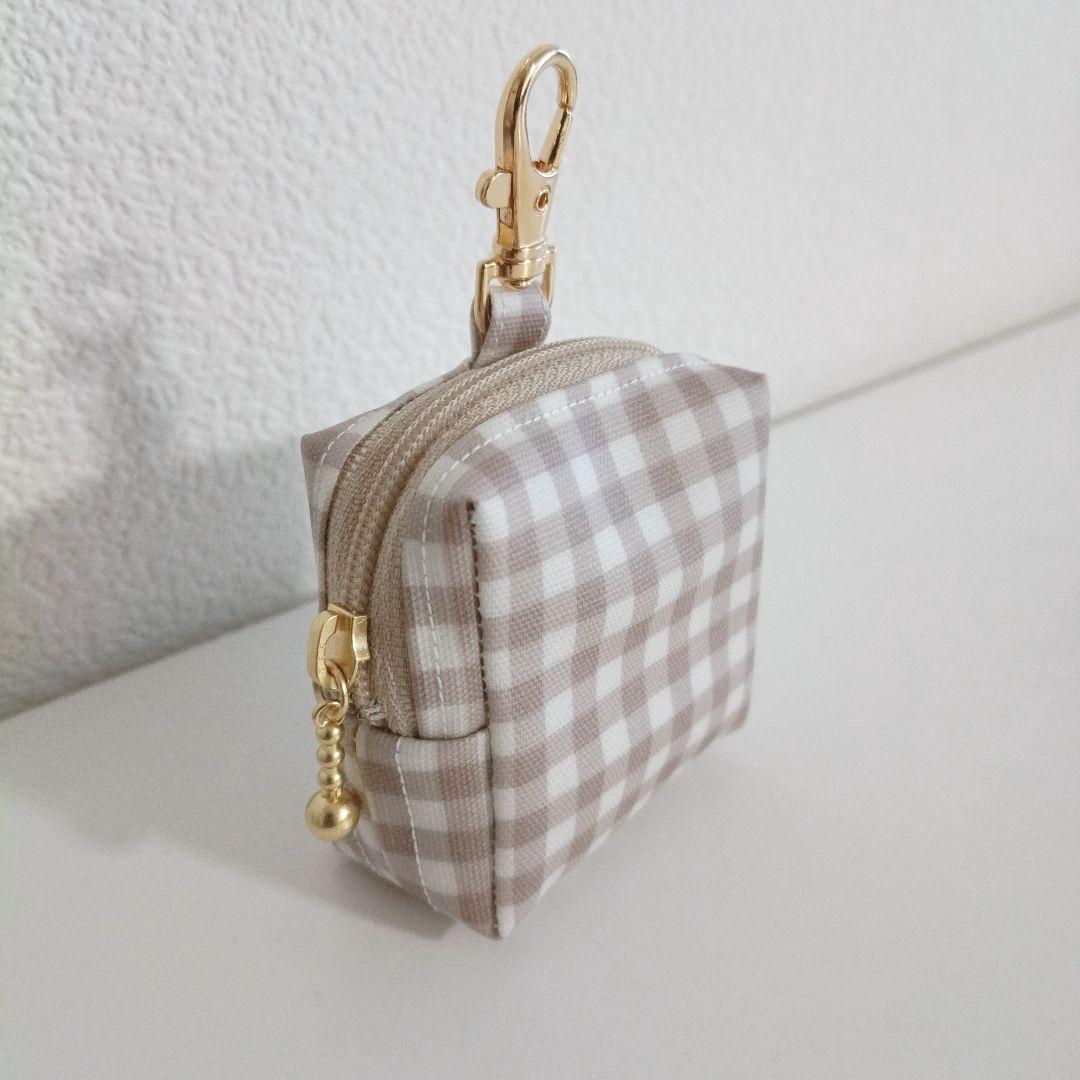 1719 ベージュ　チェック柄　GPSケース　スクエアポーチ　ハンドメイド