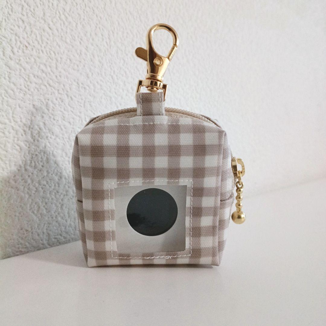 1719 ベージュ　チェック柄　GPSケース　スクエアポーチ　ハンドメイド