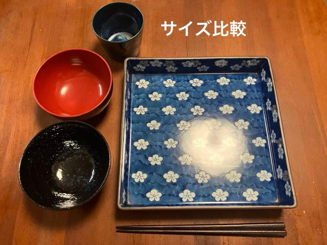 有田焼 源右衛門窯 染付梅地紋 角皿（台座付）＆ 染付小鉢 5客揃えセット