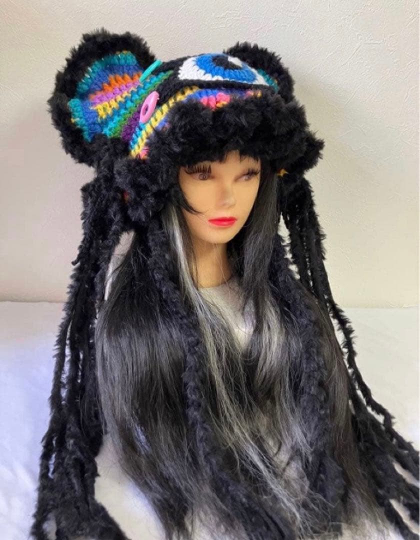 ネコ耳ニット帽　うさ耳帽子　ボンネット帽子　カラフル　サブカル　サイケ　☺︎