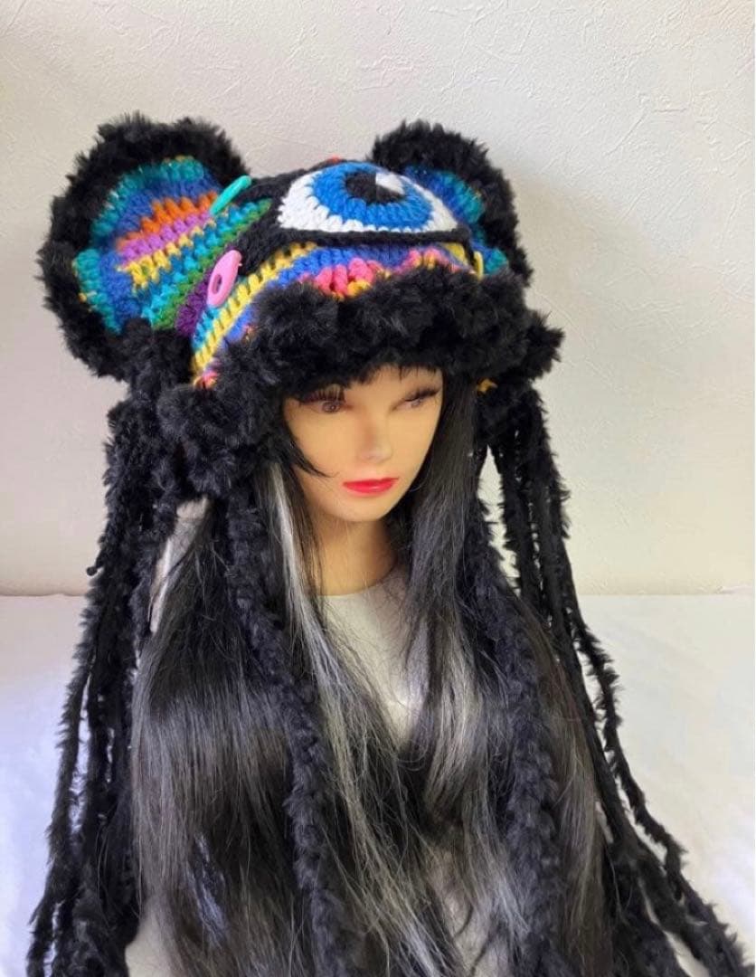 ネコ耳ニット帽　うさ耳帽子　ボンネット帽子　カラフル　サブカル　サイケ　☺︎