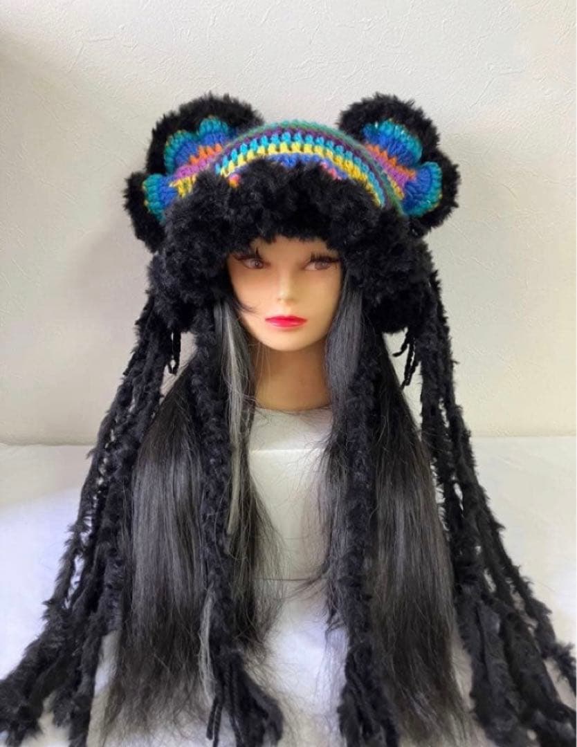 ネコ耳ニット帽　うさ耳帽子　ボンネット帽子　カラフル　サブカル　サイケ　☺︎