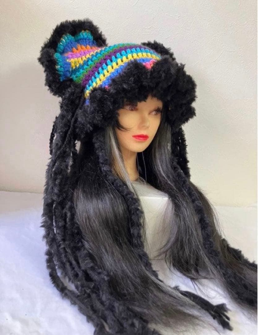 ネコ耳ニット帽　うさ耳帽子　ボンネット帽子　カラフル　サブカル　サイケ　☺︎