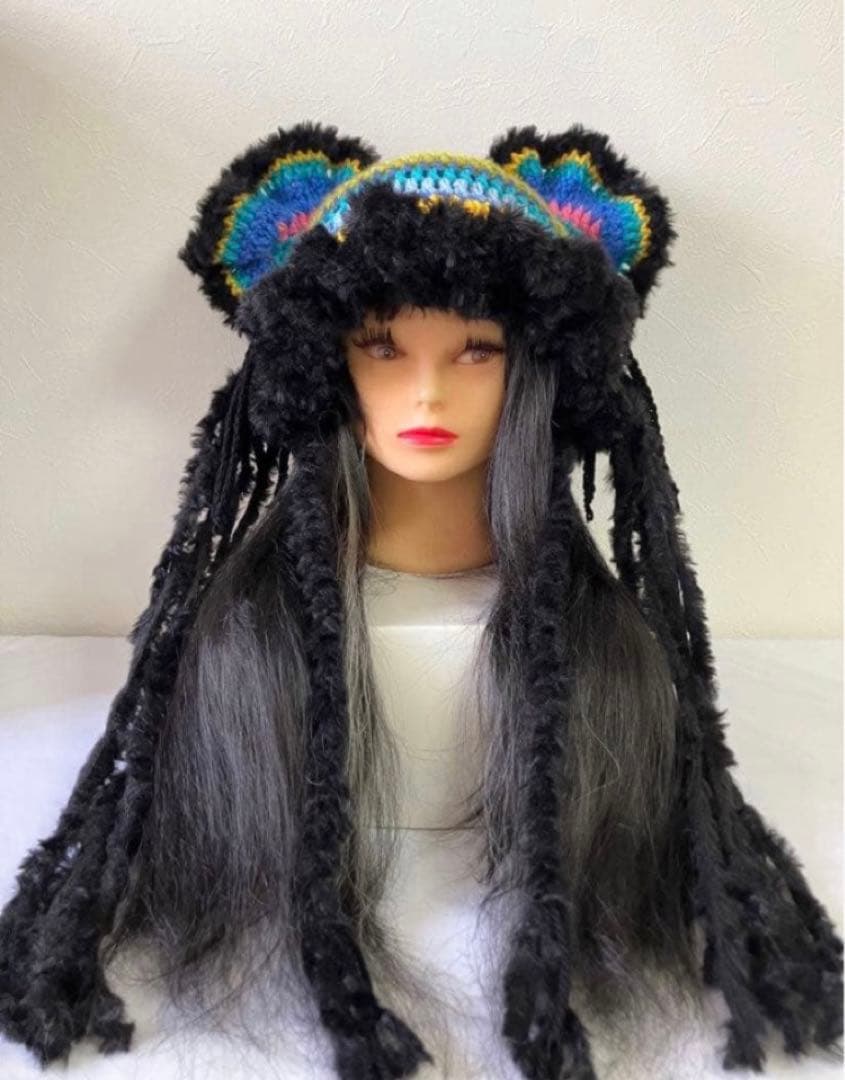 ネコ耳ニット帽　うさ耳帽子　ボンネット帽子　カラフル　サブカル　サイケ　☺︎