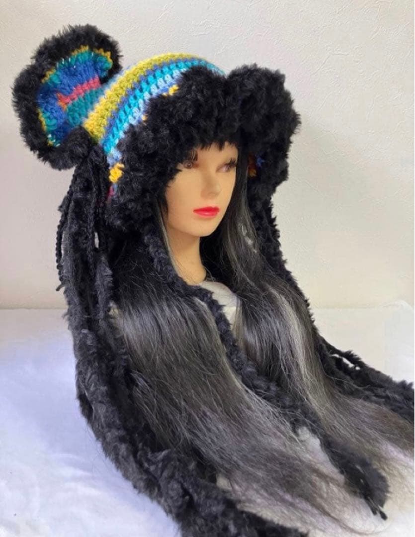 ネコ耳ニット帽　うさ耳帽子　ボンネット帽子　カラフル　サブカル　サイケ　☺︎