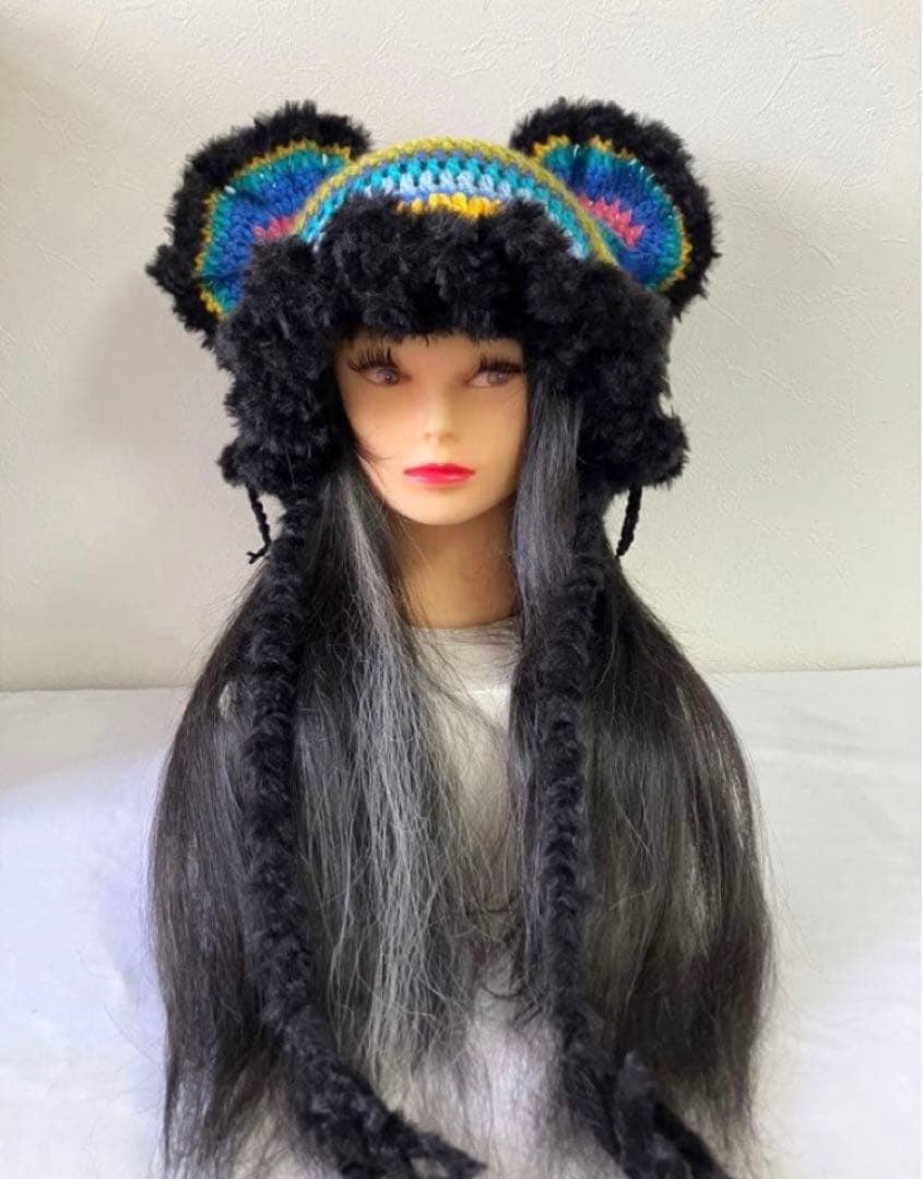 ネコ耳ニット帽　うさ耳帽子　ボンネット帽子　カラフル　サブカル　サイケ　☺︎