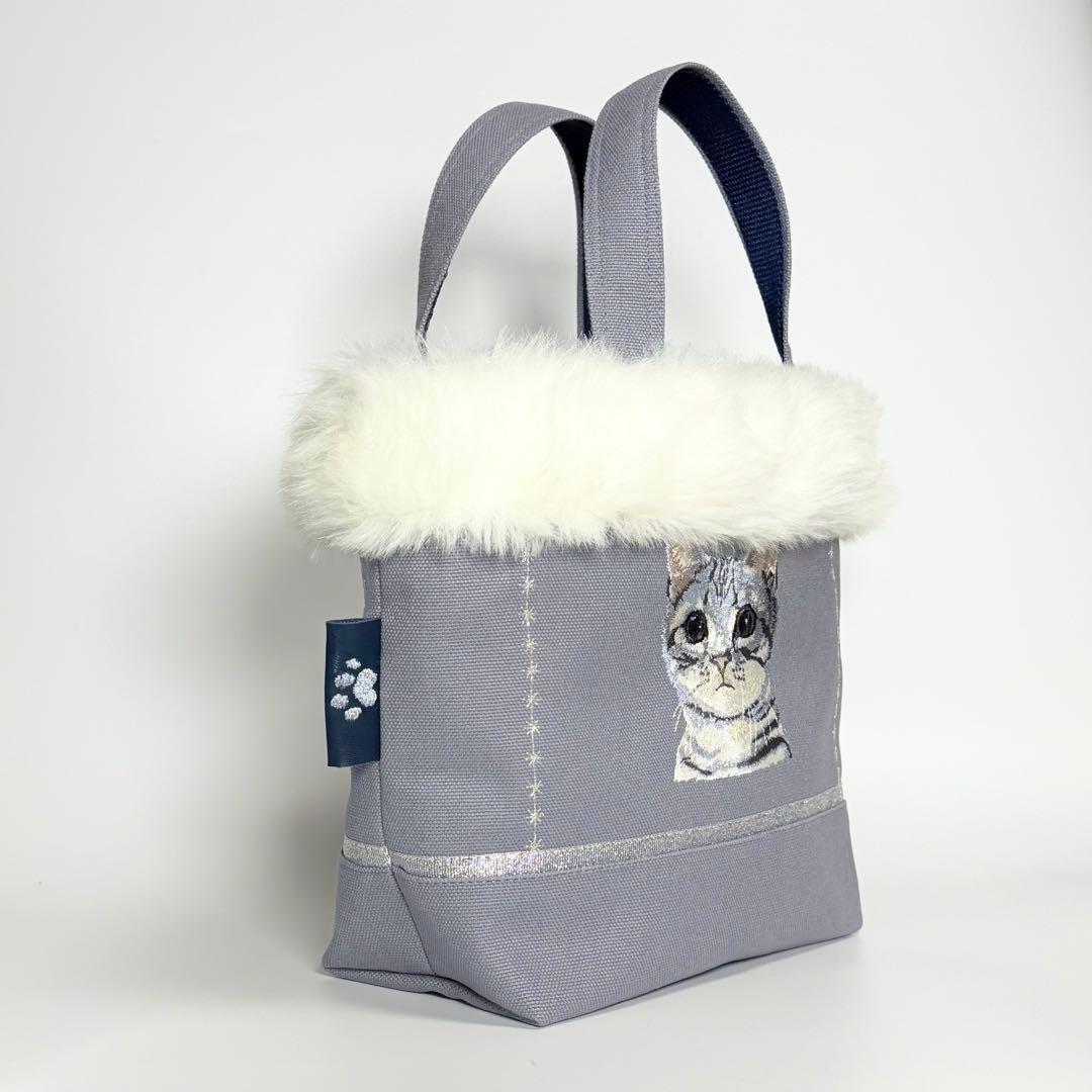 アメリカンショートヘアー刺繍♡ボア付き帆布トートバッグ