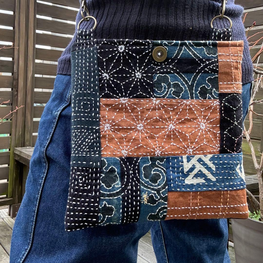 古布 藍染×柿渋染め麻 刺し子サコッシュ　メンズライク