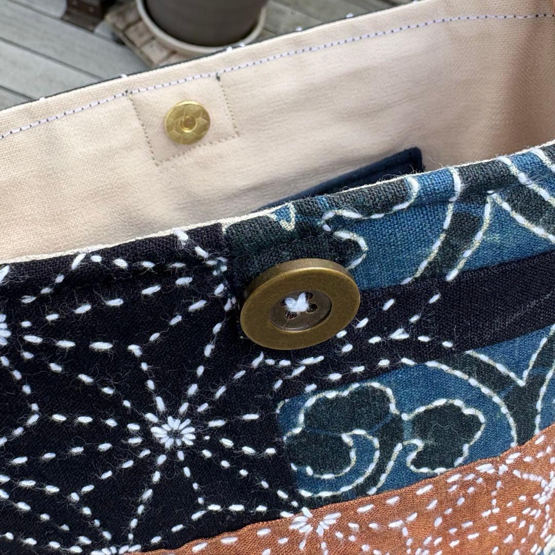 古布 藍染×柿渋染め麻 刺し子サコッシュ　メンズライク