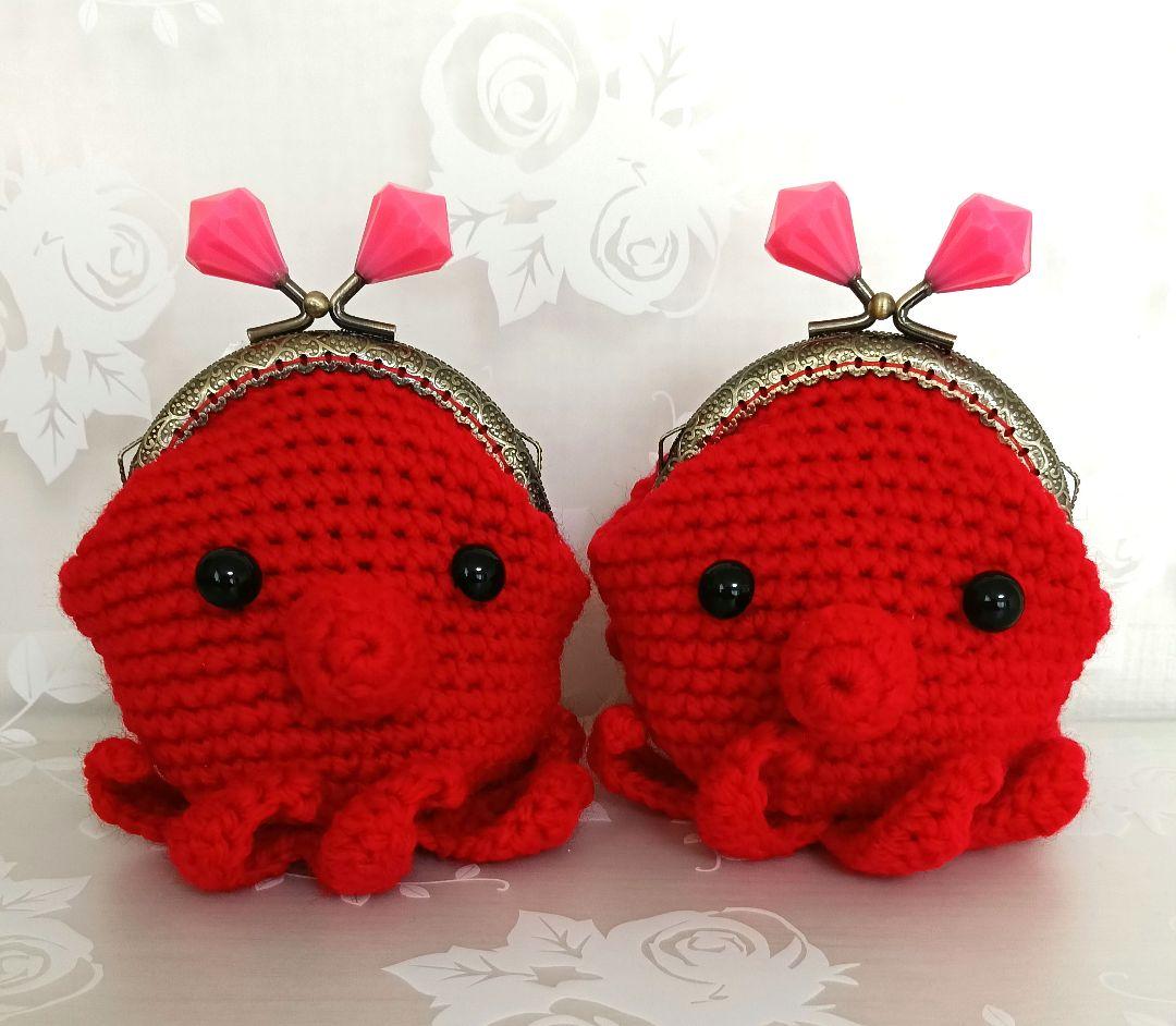 ✽ハンドメイド✽あみぐるみ がま口 手編み カエルちゃん タコさんポーチ♡