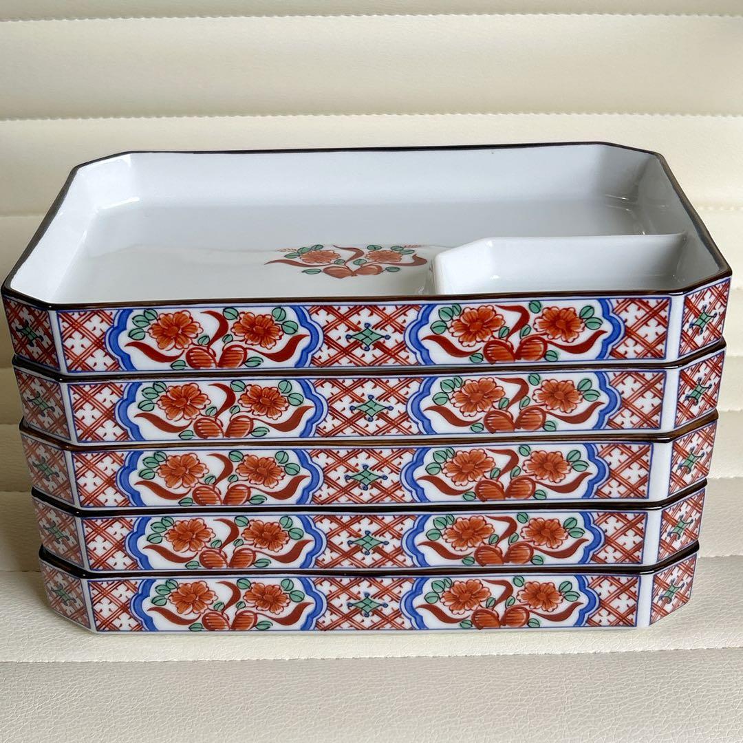 有田焼　南風窯　赤絵花紋　仕切り皿　5枚　刺身皿　長角皿　長皿　古伊万里　色絵