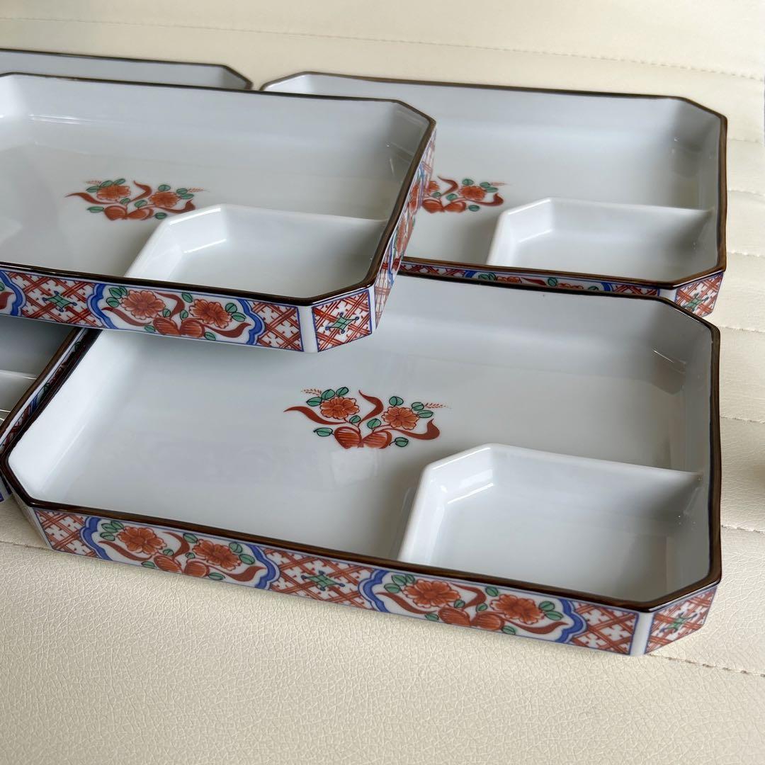 有田焼　南風窯　赤絵花紋　仕切り皿　5枚　刺身皿　長角皿　長皿　古伊万里　色絵