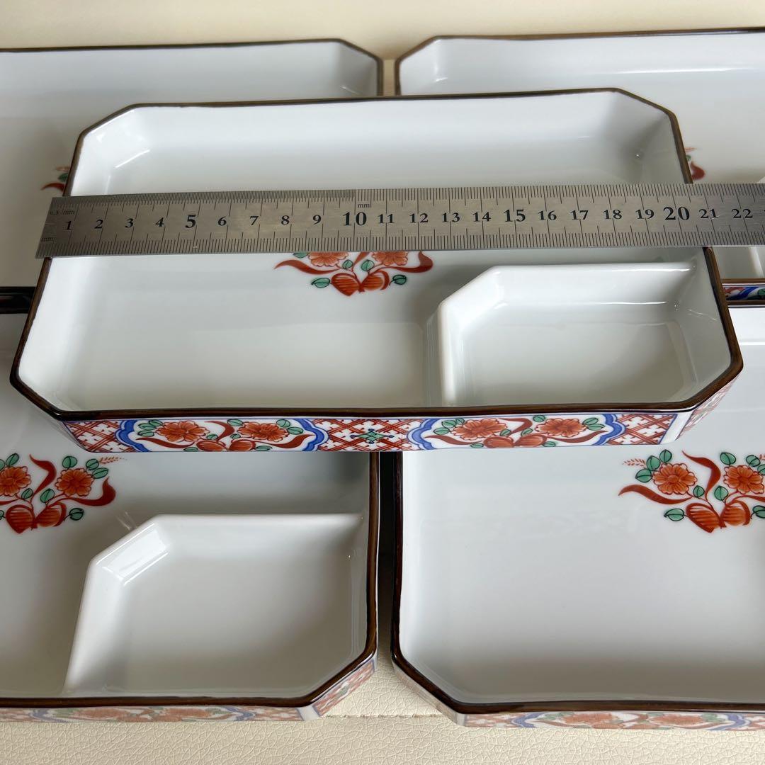 有田焼　南風窯　赤絵花紋　仕切り皿　5枚　刺身皿　長角皿　長皿　古伊万里　色絵