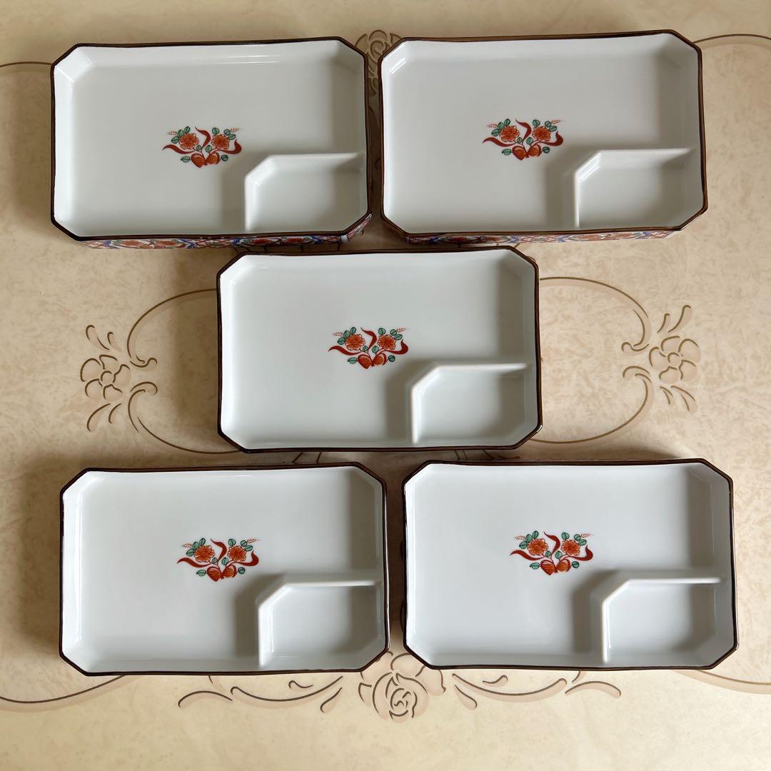 有田焼　南風窯　赤絵花紋　仕切り皿　5枚　刺身皿　長角皿　長皿　古伊万里　色絵