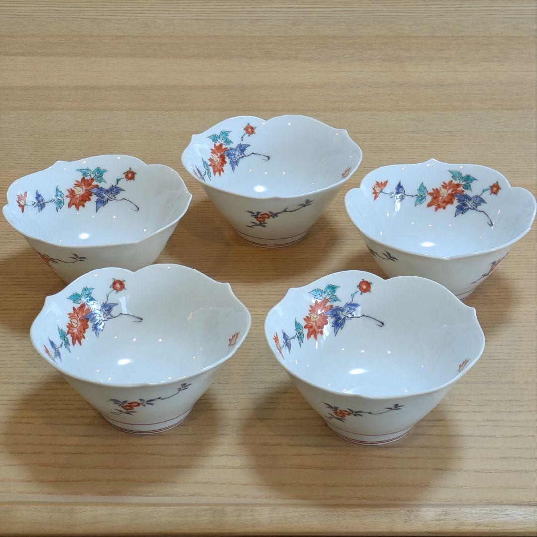 十三代　酒井田柿右衛門　牡丹文　中付　五客　共箱　栞