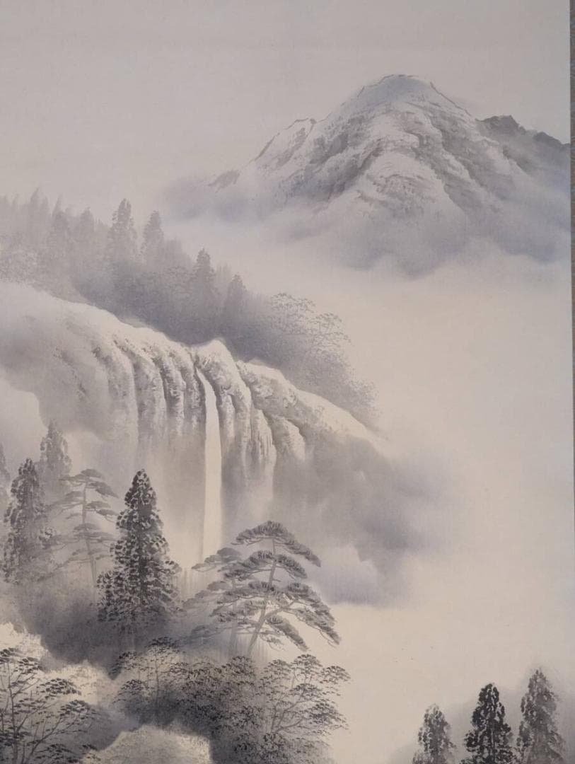 【真作】掛軸　山水瀑布図　幽玄の墨景に滝音響く風雅の一幅　V73