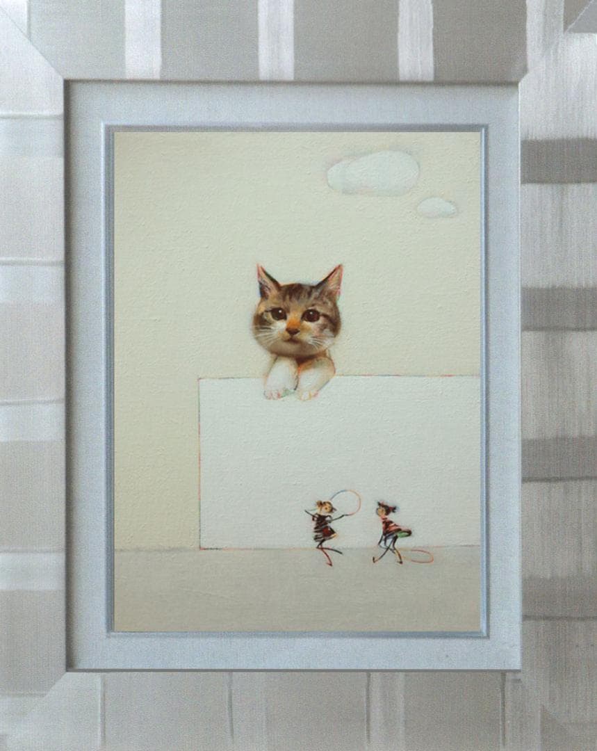 油絵 菅家令子 絵 絵画インテリア額付(青緑＋金色の枠)F4-091218猫女子