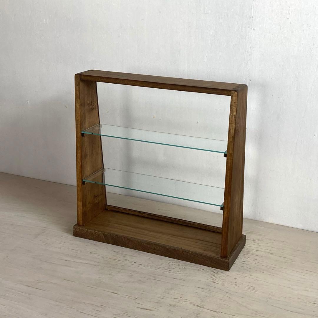 g290 古い木製 傾斜のガラスケース 3段 卓上ショーケース オープンタイプ