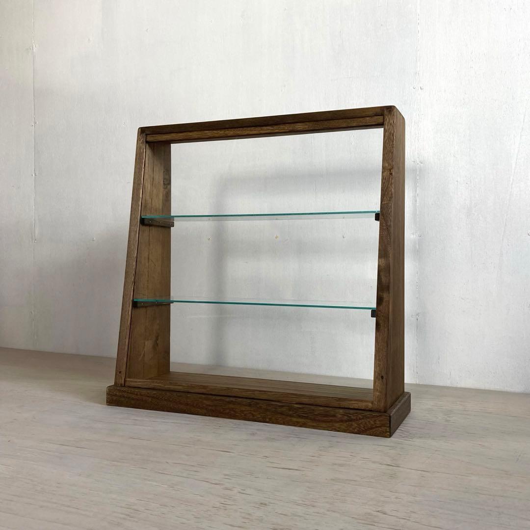 g290 古い木製 傾斜のガラスケース 3段 卓上ショーケース オープンタイプ