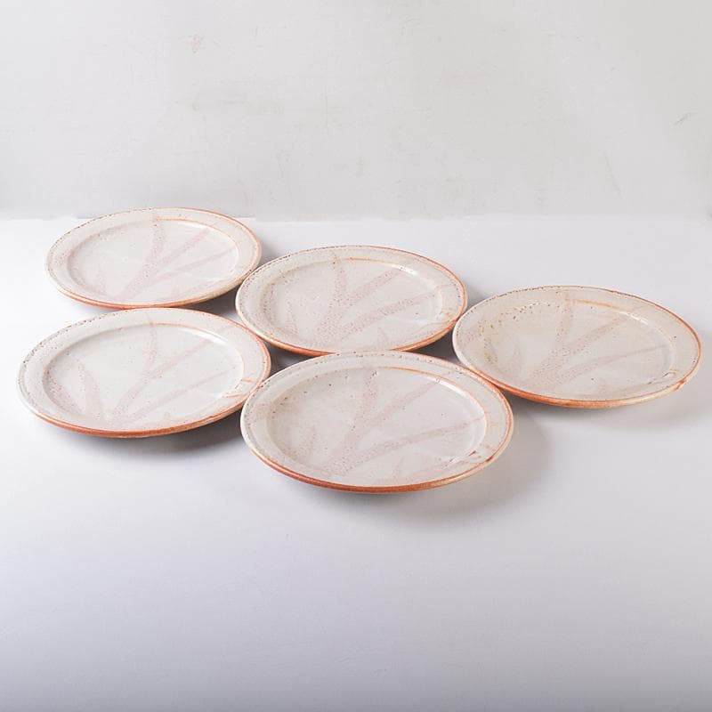 和食器　美濃焼　安藤日出武作　紅志野　草文　平皿　五客　共箱　M　R7893B