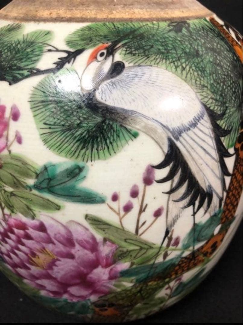 清民国　粉彩鶴牡丹図蓋茶壺　乾隆年製　中国税関封蝋有り