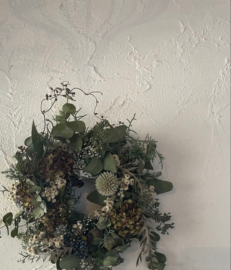 かお〜アンティークあじさいとグリーン実物のリース○葡萄とユーカリのスワッグ