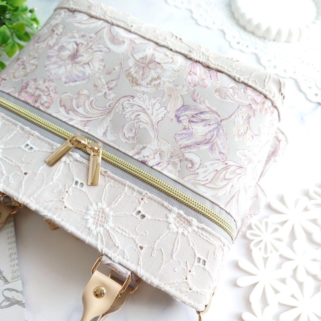 グレーブルーム×マーガレット刺繍 ダブルフリル あおりポケット付きトートバッグ✩