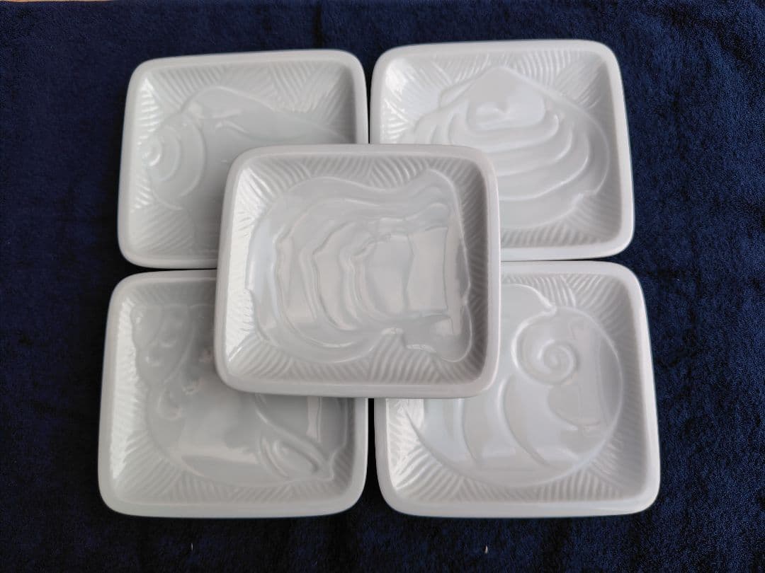 【招福・美品】白い風・深川製磁・貝文様・白皿・長方形5枚セット