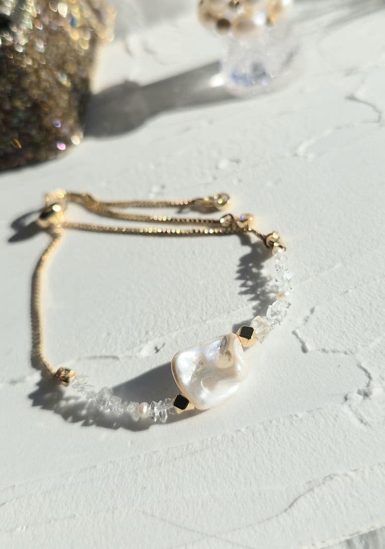 14KGF☆淡水パール×ハーキマーダイヤモンド☆スライダーチェーンブレス