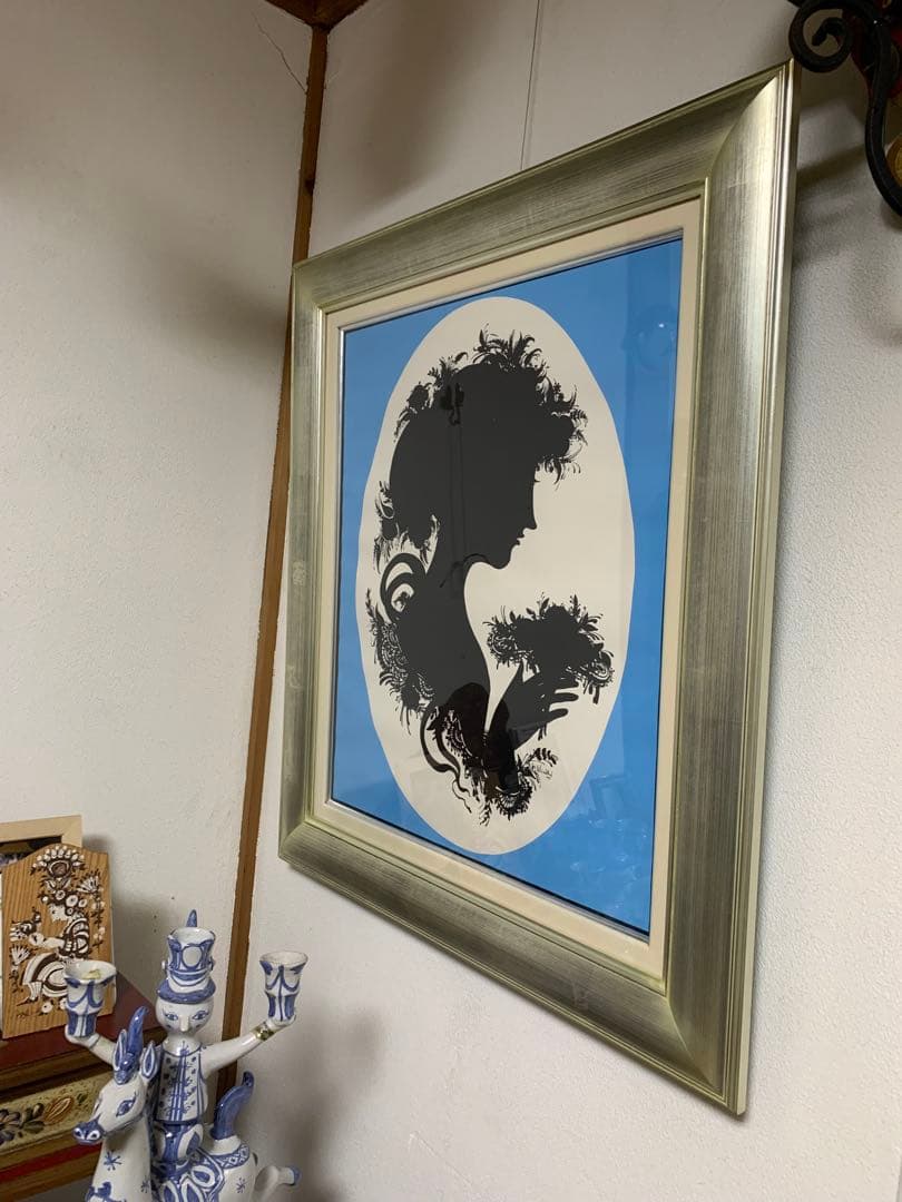 ビョンヴィンブラッド　大型シルバー額ビンテージブルーシルエット少女横顔の額装！