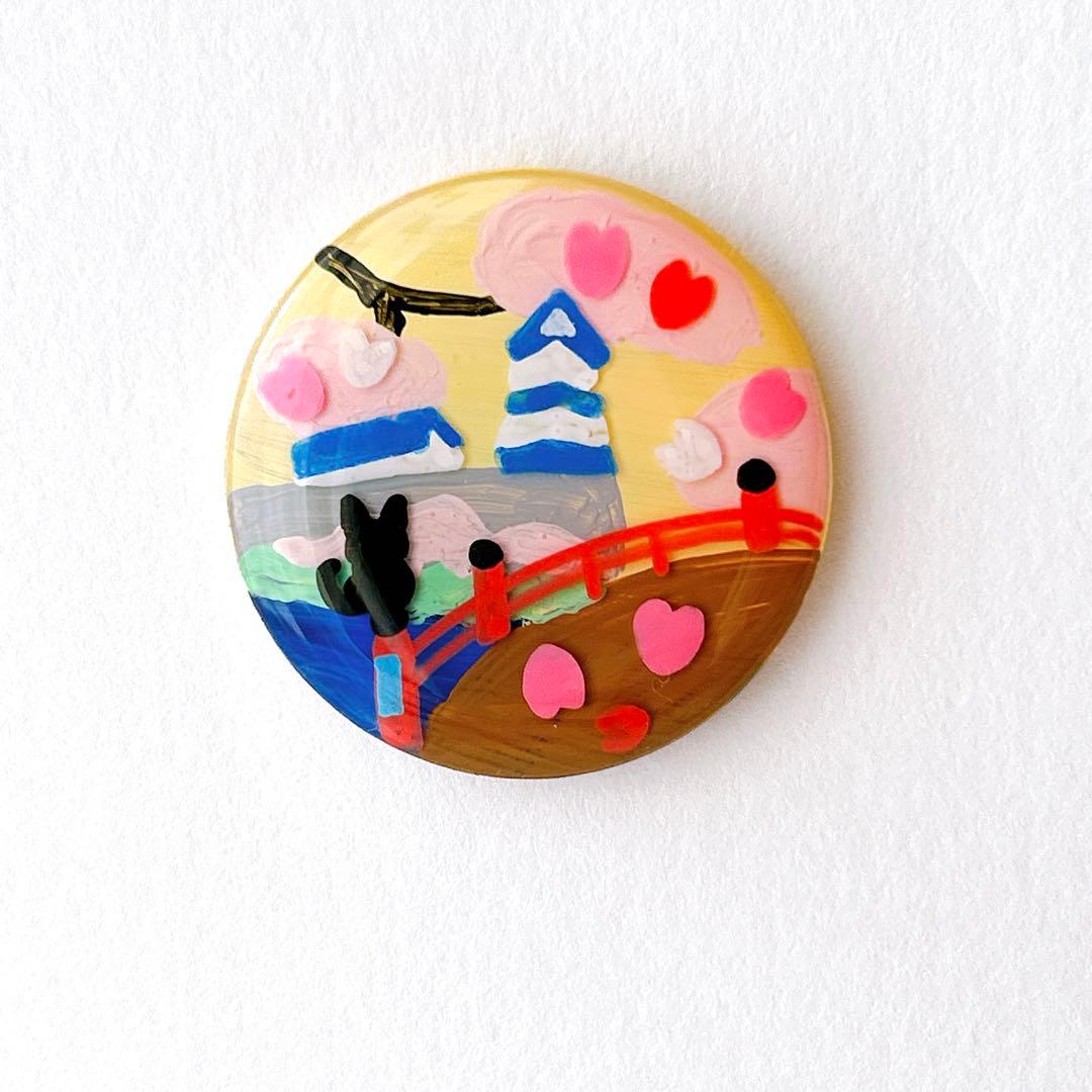 手書き　太鼓橋と桜　ヘアゴム　ブローチ　レジン　猫