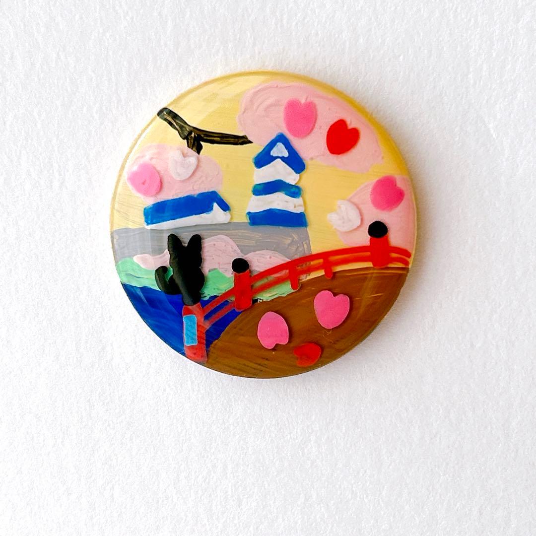 手書き　太鼓橋と桜　ヘアゴム　ブローチ　レジン　猫