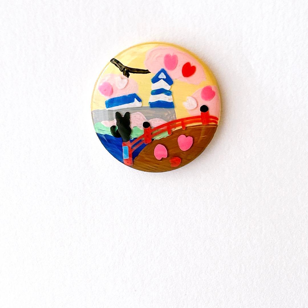 手書き　太鼓橋と桜　ヘアゴム　ブローチ　レジン　猫