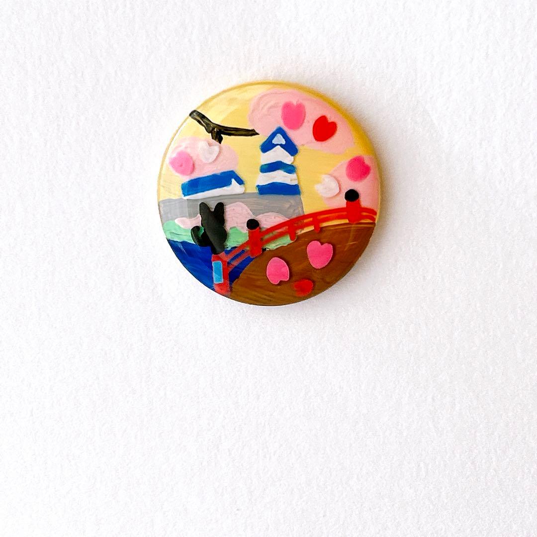 手書き　太鼓橋と桜　ヘアゴム　ブローチ　レジン　猫