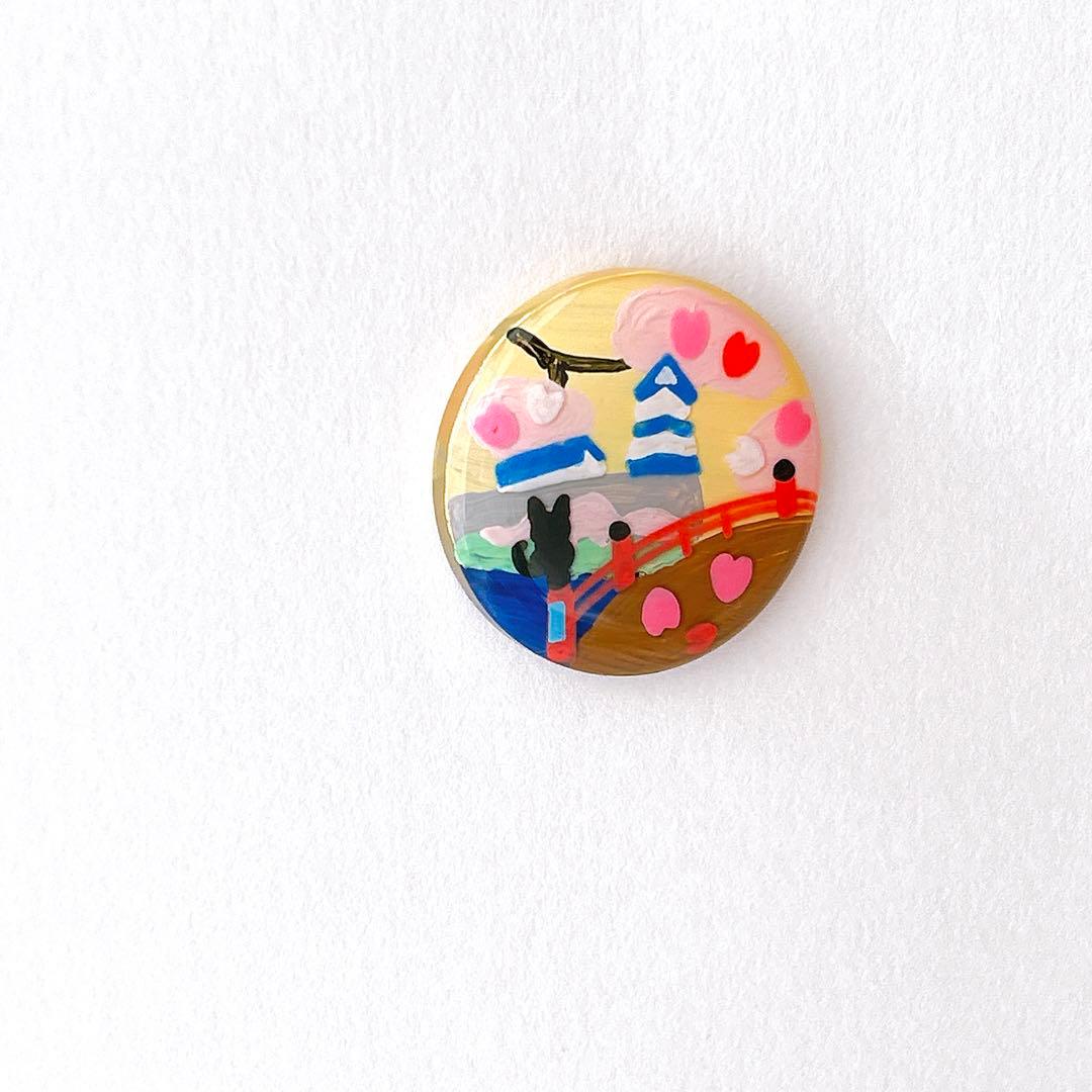 手書き　太鼓橋と桜　ヘアゴム　ブローチ　レジン　猫