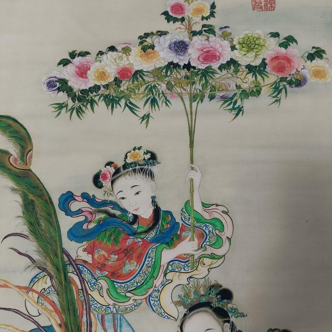 中国画 唐寅 献寿図 中堂 掛け軸／証明書・防偽マーク付き