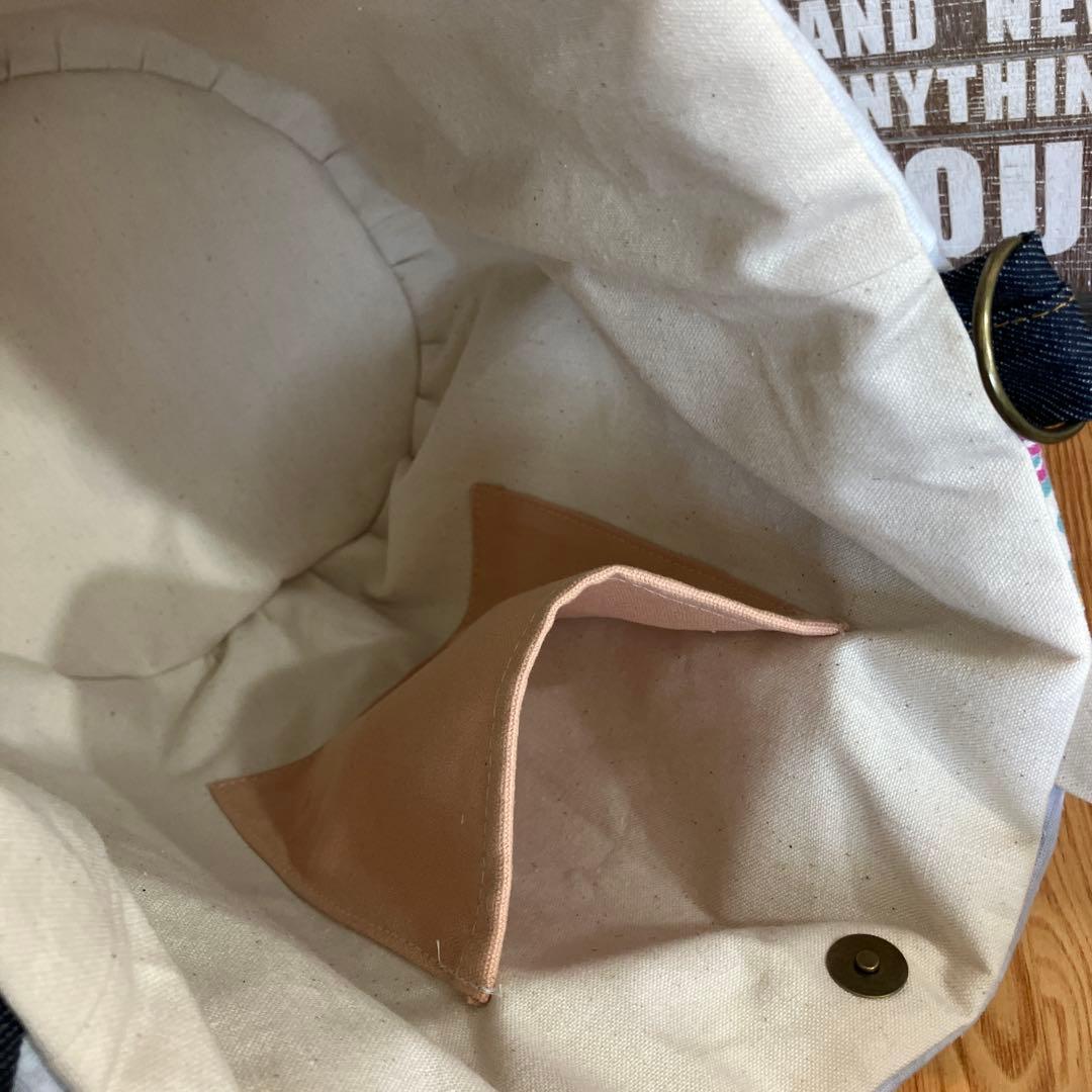 ハンドメイドバックデニムリメイクパッチワーク丸底バケツトートバック⭐︎パグちゃん