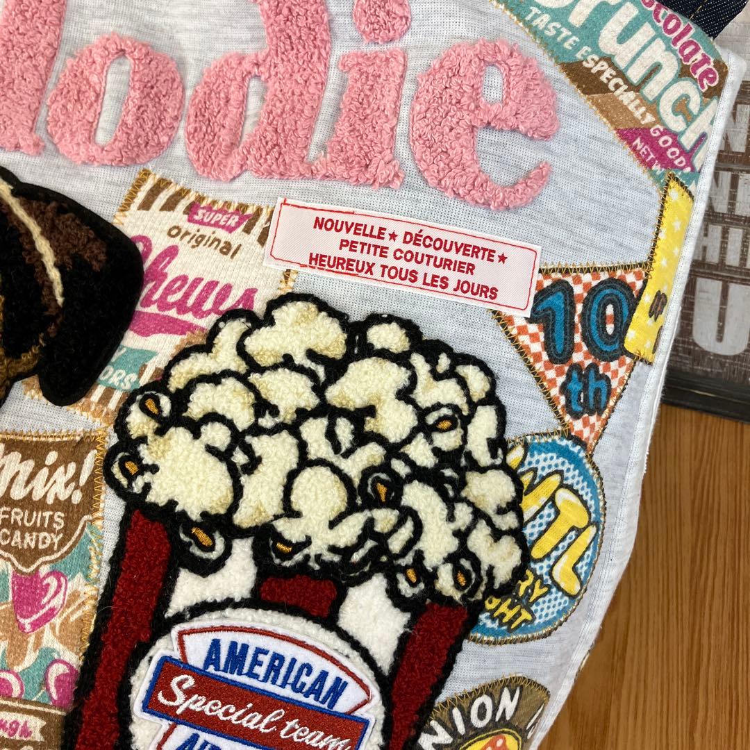 ハンドメイドバックデニムリメイクパッチワーク丸底バケツトートバック⭐︎パグちゃん