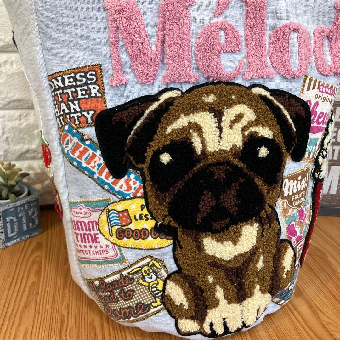 ハンドメイドバックデニムリメイクパッチワーク丸底バケツトートバック⭐︎パグちゃん