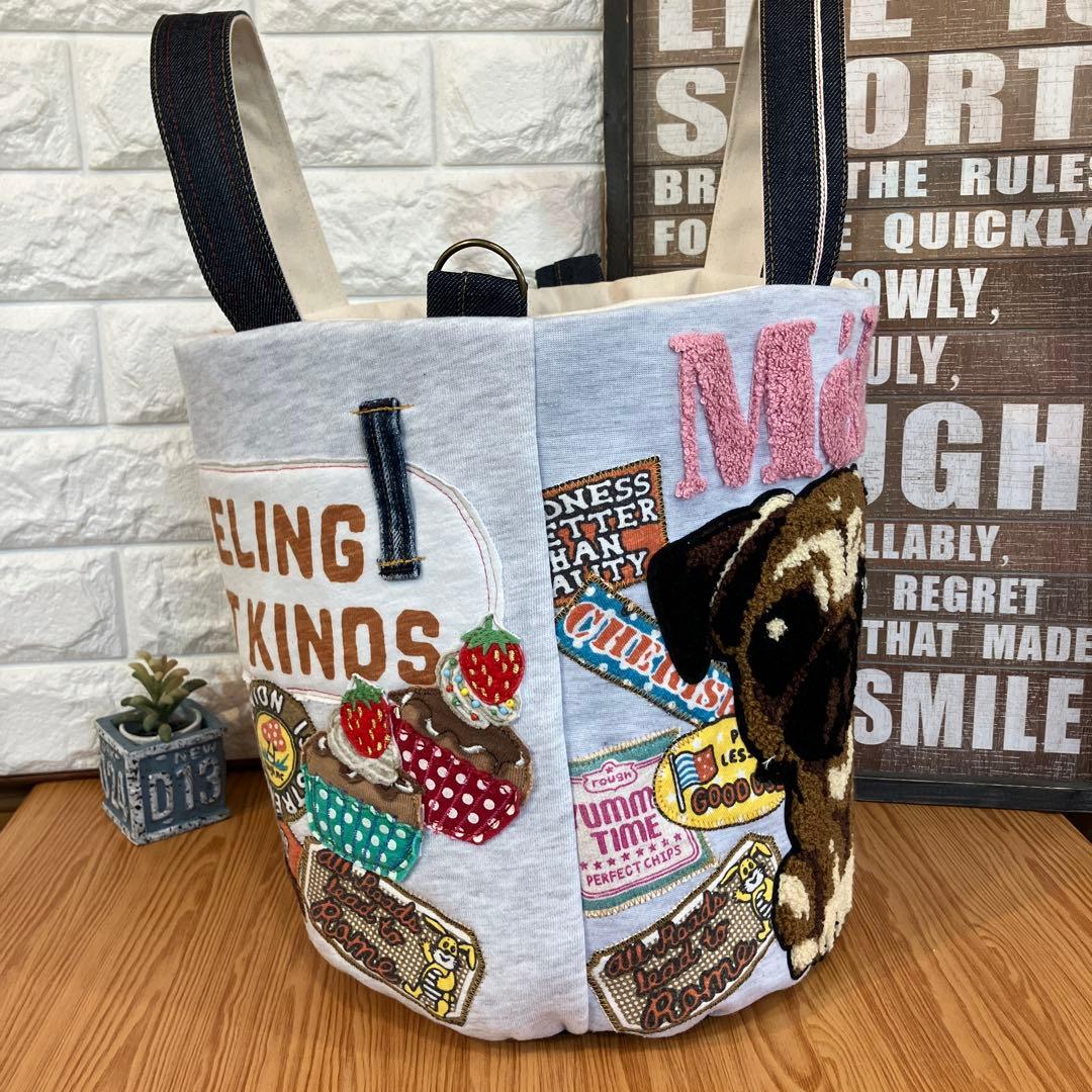 ハンドメイドバックデニムリメイクパッチワーク丸底バケツトートバック⭐︎パグちゃん