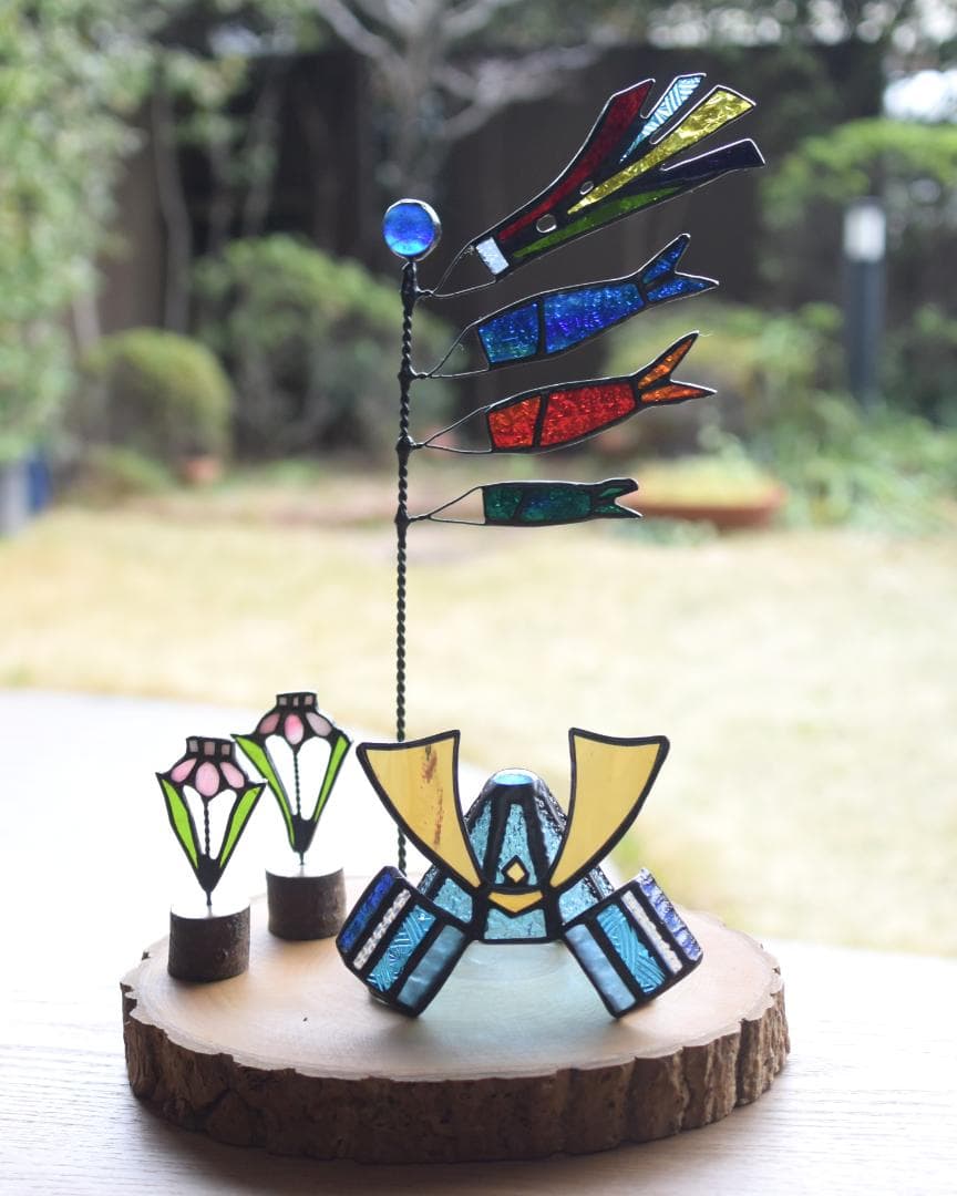 ステンドグラスの鯉のぼりと菖蒲と兜(子供の日2点セット・KOI28)